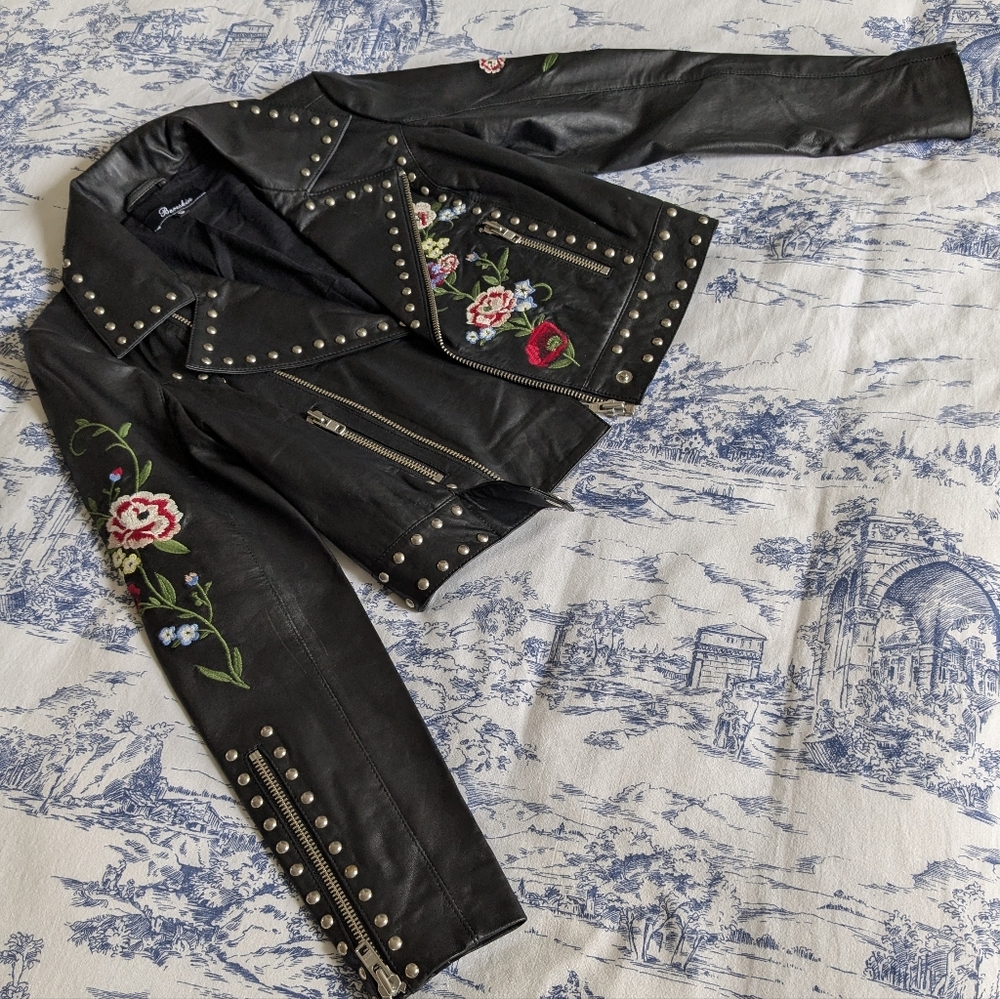 Rose Embroidered Black Genuine Leather Cropped Jacket with Studs, Size S